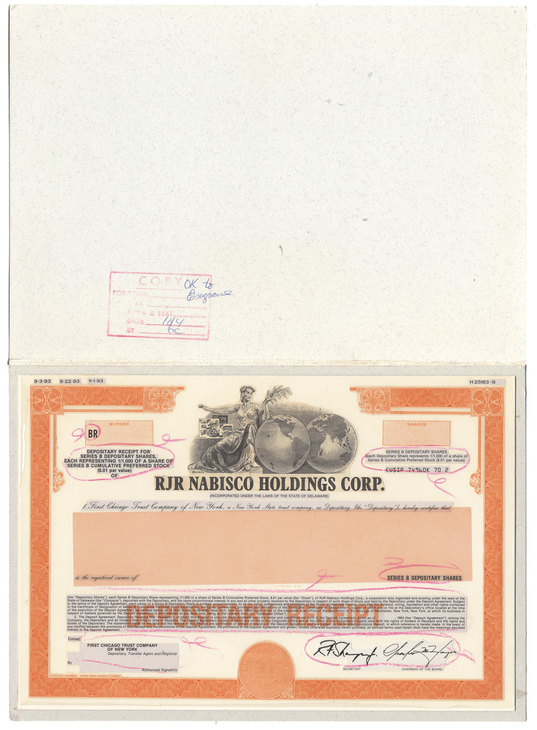 Working Proof from RJR Nabisco Holdings  for one of the company's Depositary Shares