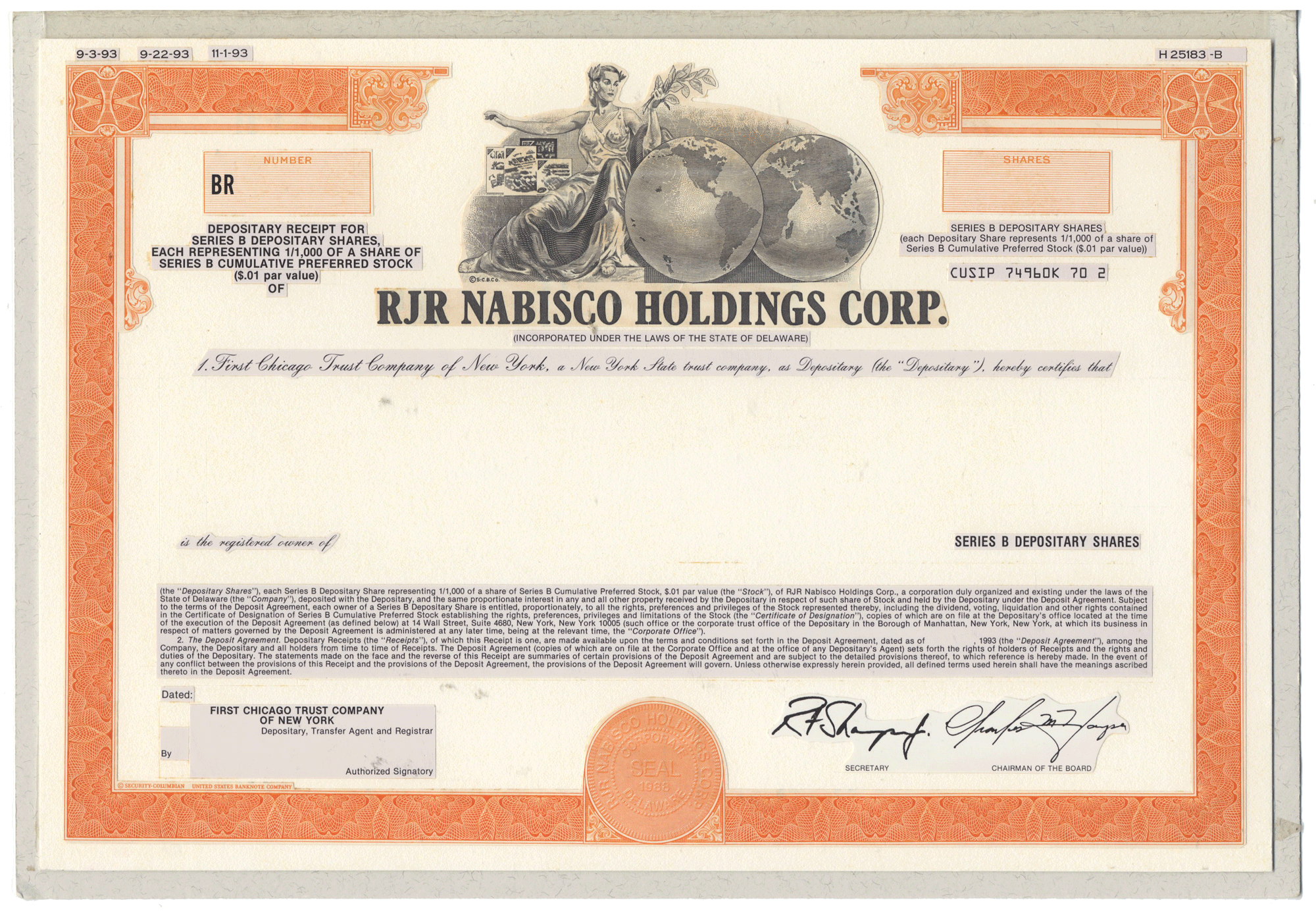 Working Proof from RJR Nabisco Holdings  for one of the company's Depositary Shares