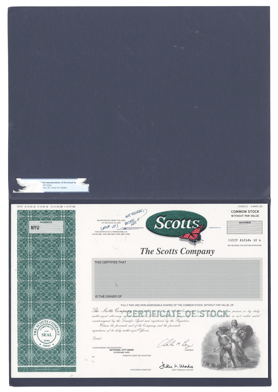 Working Proof from the Scotts Company for the company's Common Stock