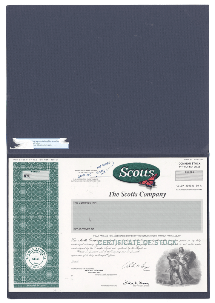 Working Proof from the Scotts Company for the company's Common Stock