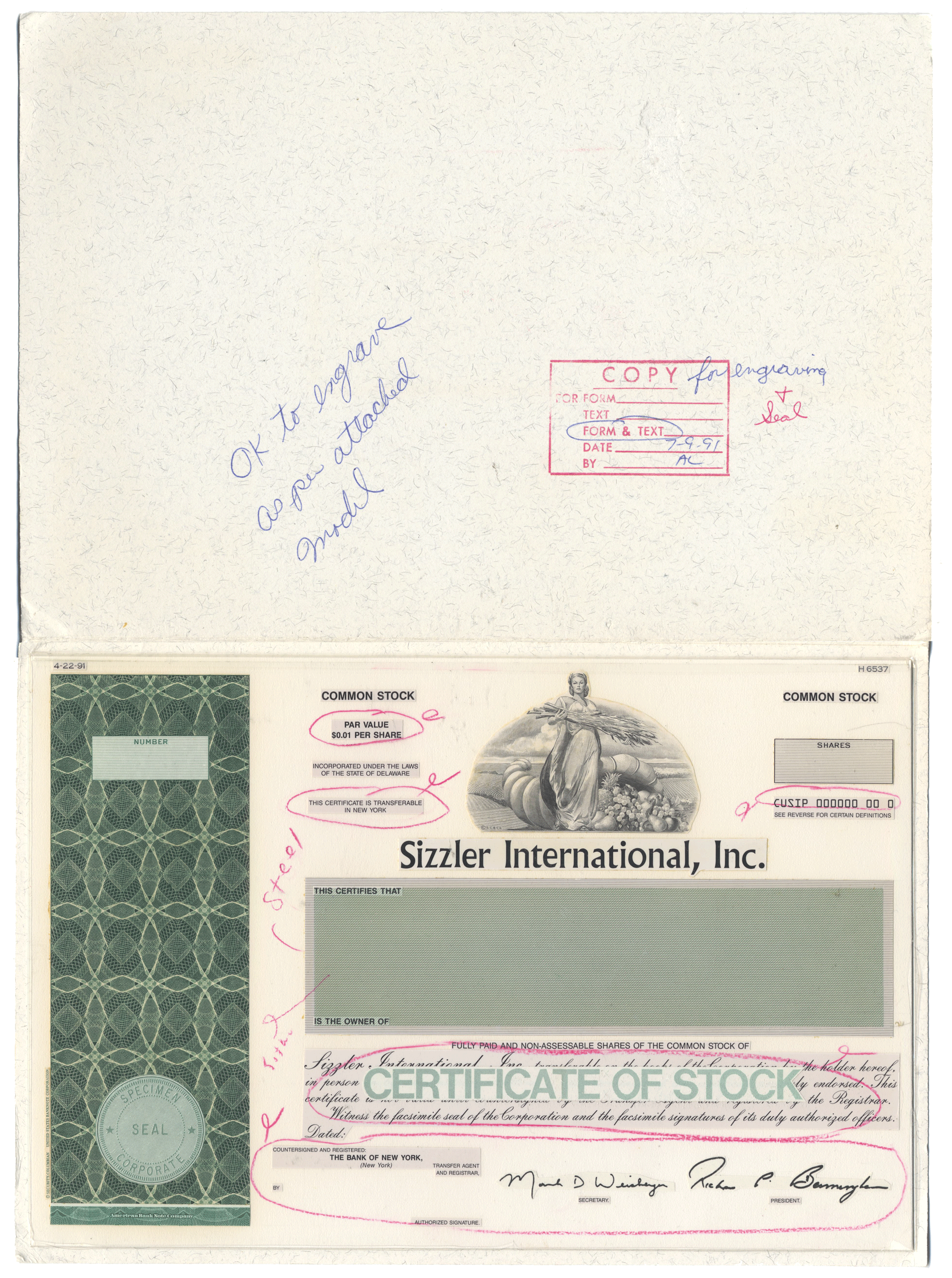 Rare working proof for a Sizzler International, Inc. common stock certificate