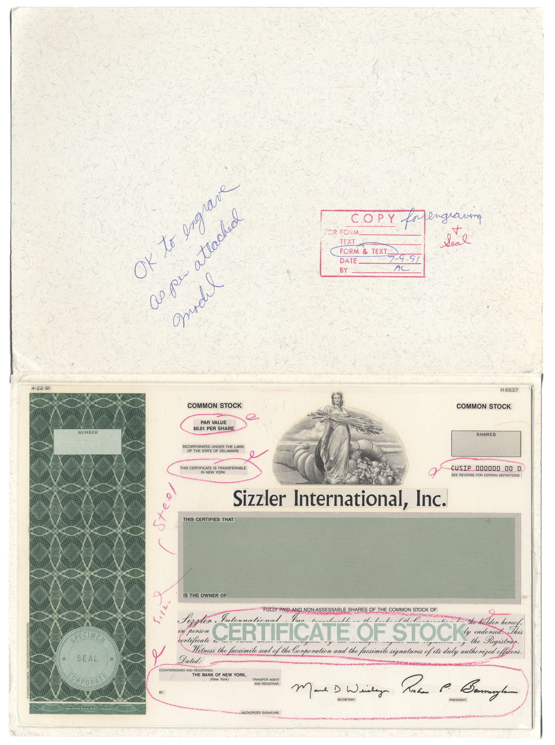 Rare working proof for a Sizzler International, Inc. common stock certificate