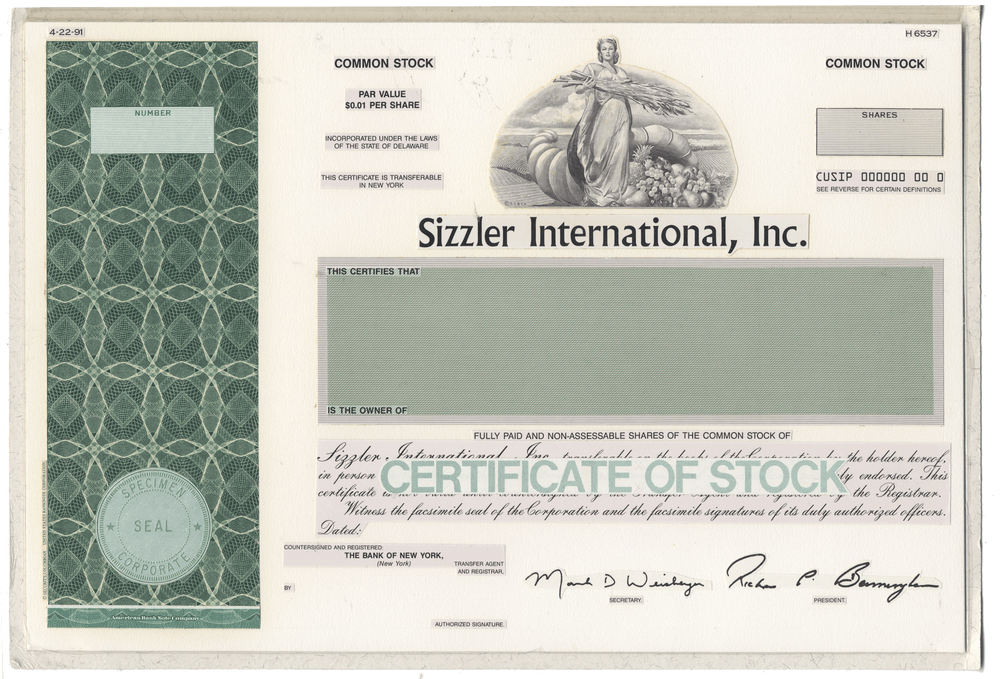 Rare working proof for a Sizzler International, Inc. common stock certificate