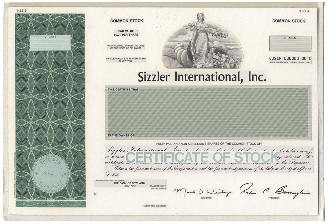 Rare working proof for a Sizzler International, Inc. common stock certificate