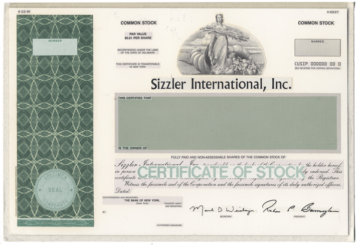 Rare working proof for a Sizzler International, Inc. common stock certificate
