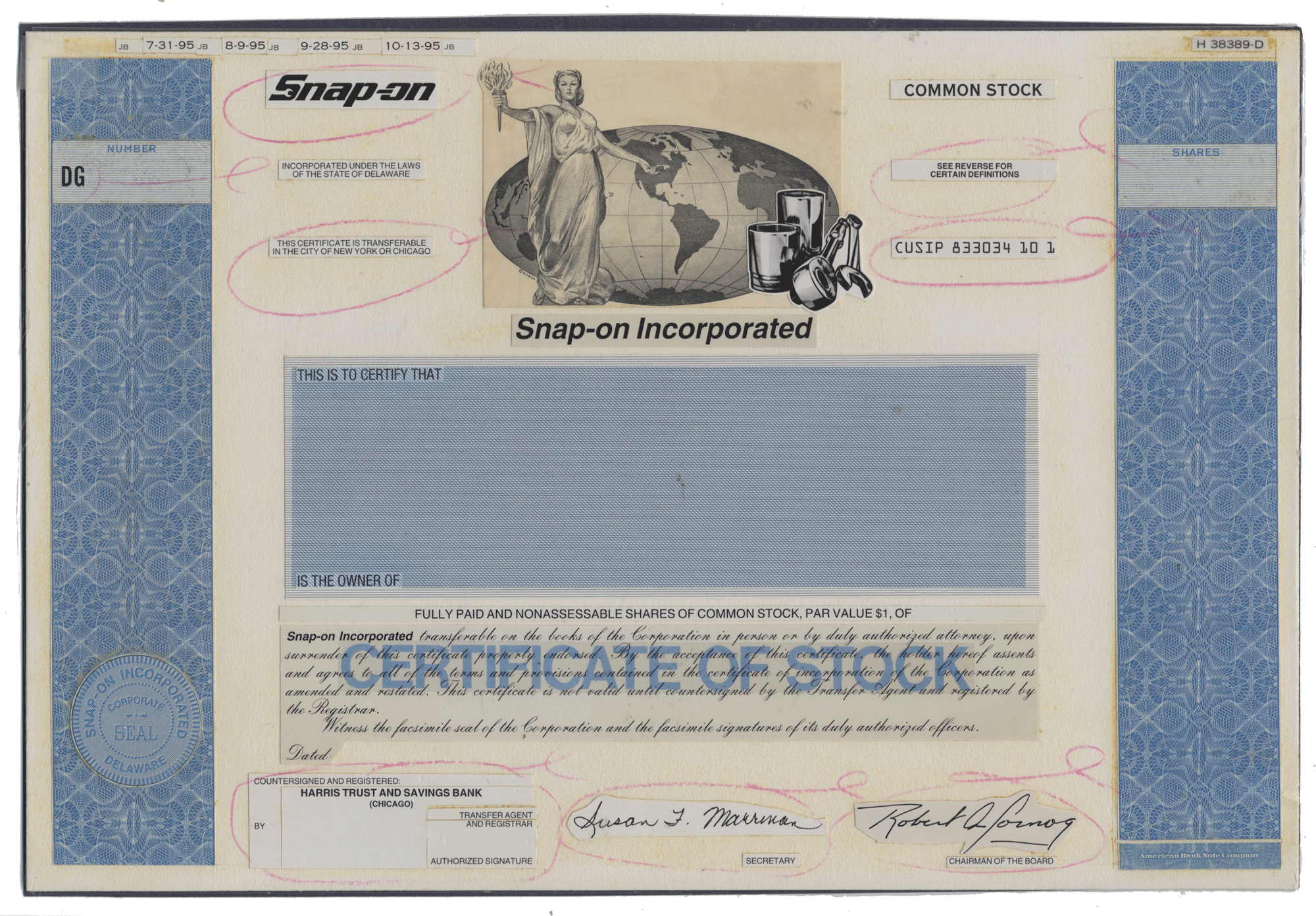 Working Proof from SNAP-ON for the company's Common Stock