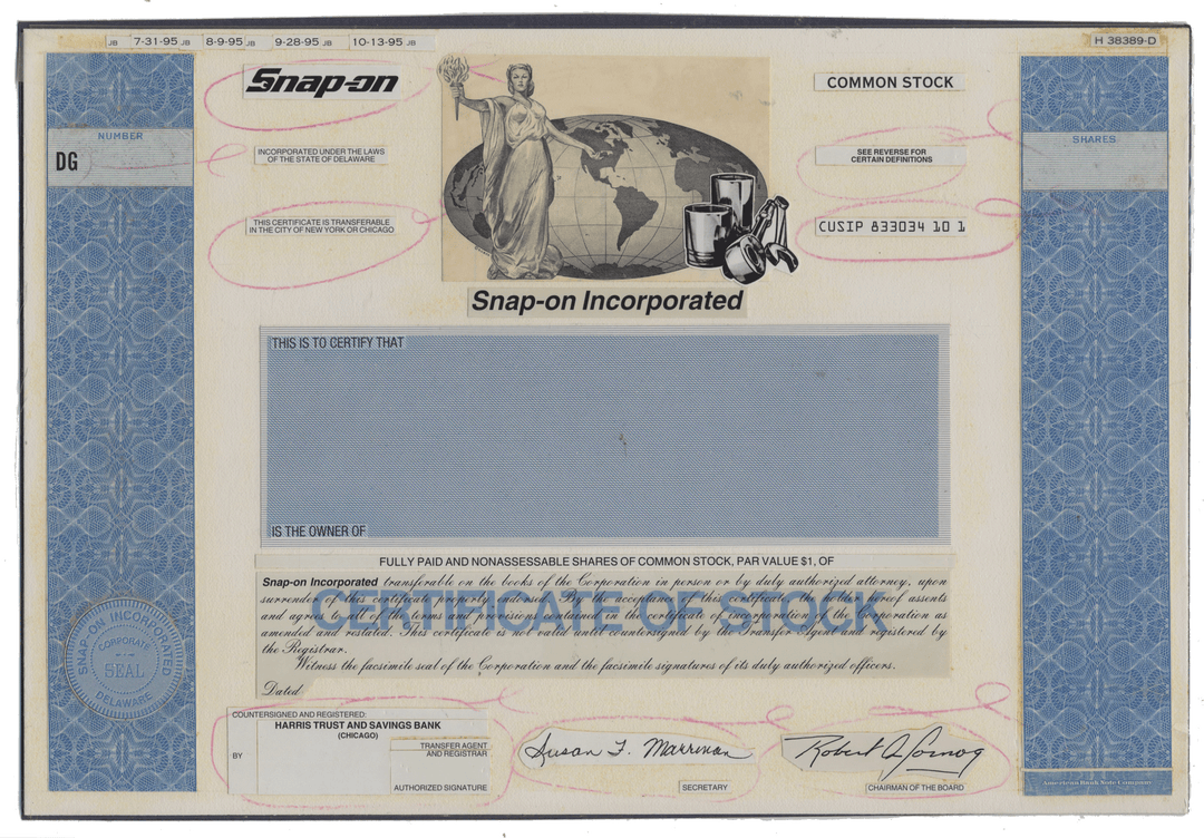 Working Proof from SNAP-ON for the company's Common Stock