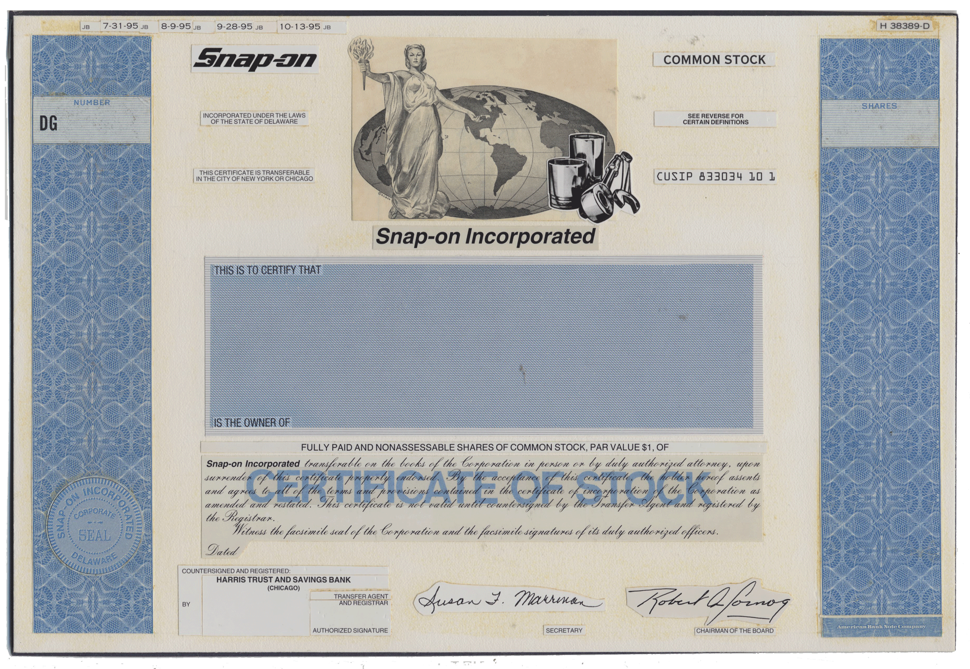 Working Proof from SNAP-ON for the company's Common Stock