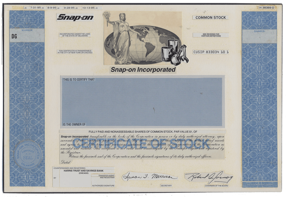 Working Proof from SNAP-ON for the company's Common Stock