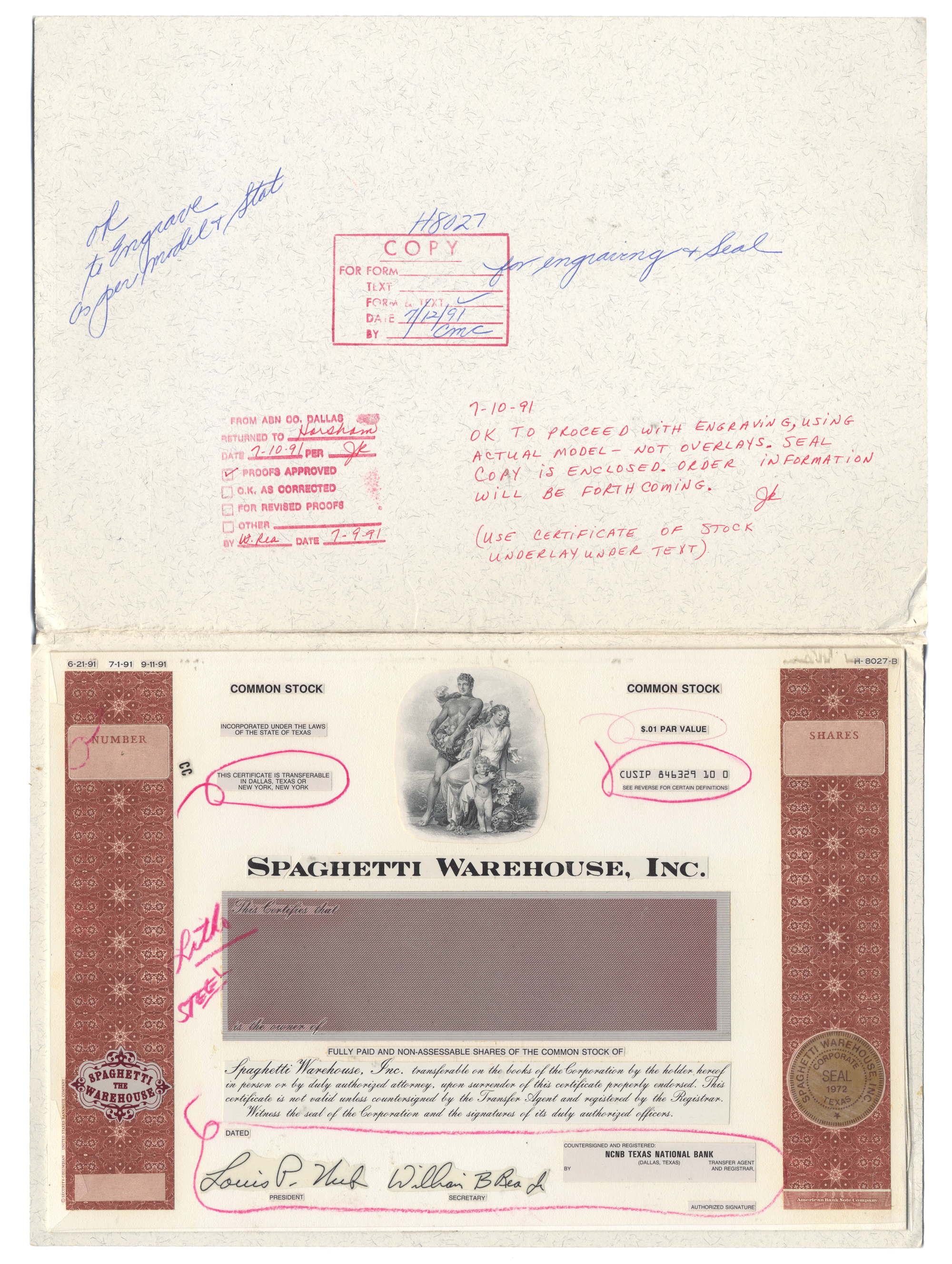 Working Proof from the SPAGHETTI WAREHOUSE for one of the company's Common stock certificates