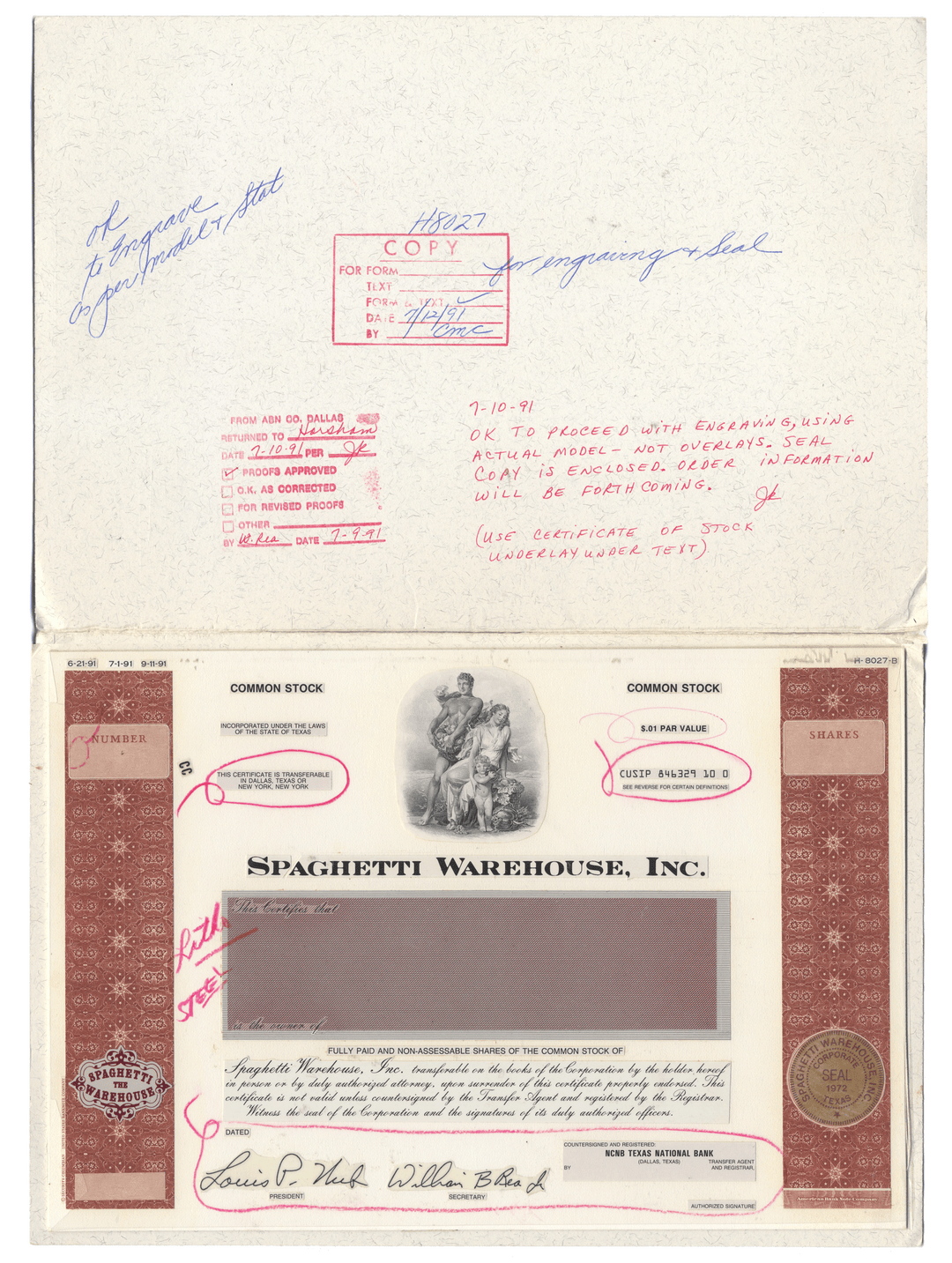 Working Proof from the SPAGHETTI WAREHOUSE for one of the company's Common stock certificates