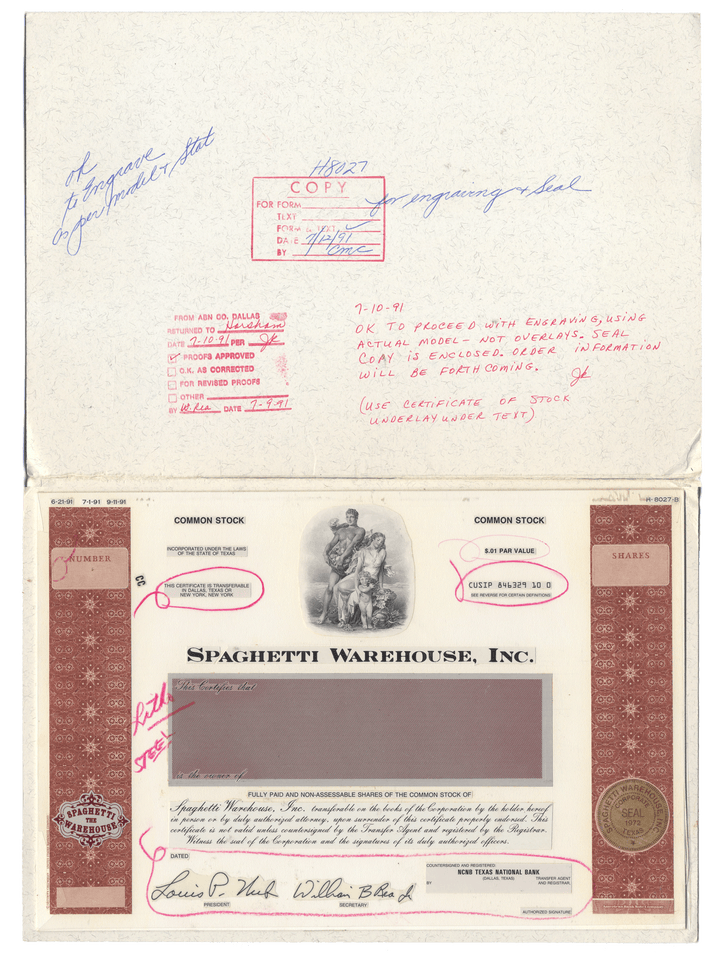 Working Proof from the SPAGHETTI WAREHOUSE for one of the company's Common stock certificates