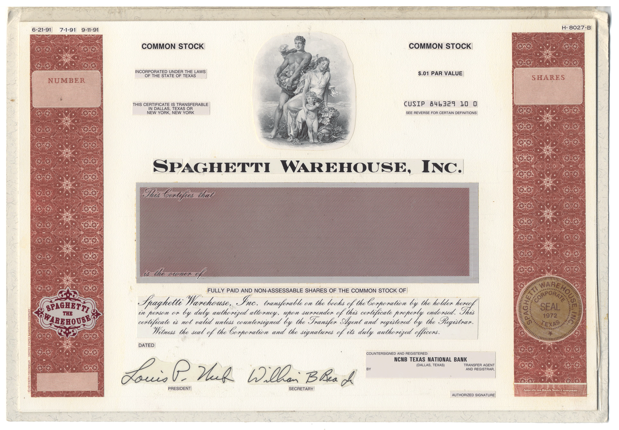 Working Proof from the SPAGHETTI WAREHOUSE for one of the company's Common stock certificates