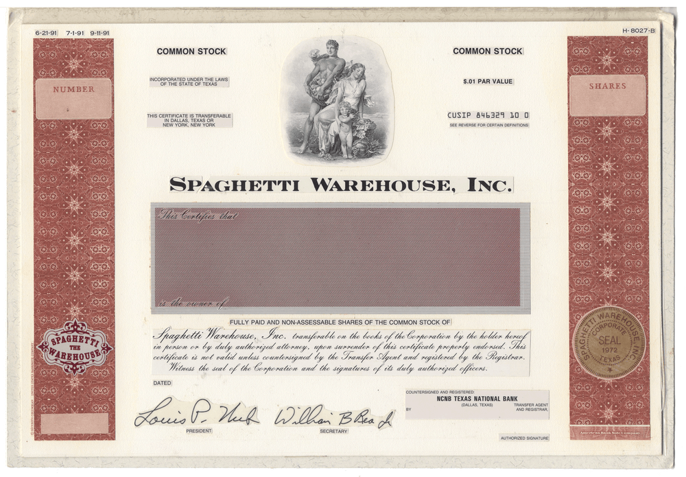 Working Proof from the SPAGHETTI WAREHOUSE for one of the company's Common stock certificates