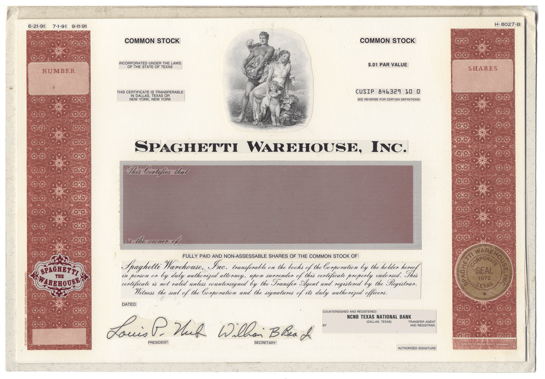 Working Proof from the SPAGHETTI WAREHOUSE for one of the company's Common stock certificates