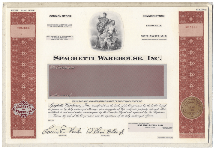 Working Proof from the SPAGHETTI WAREHOUSE for one of the company's Common stock certificates