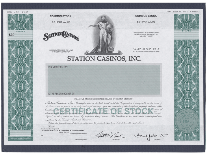 Rare STATION CASINOS Working Proof for common stock