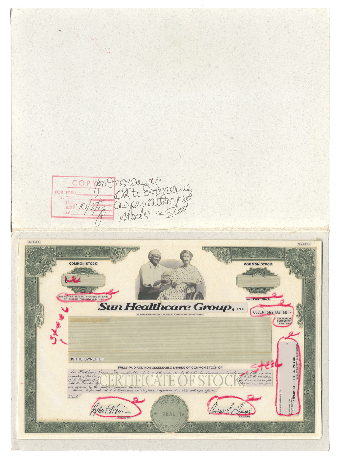 Working Proof from the Sun Healthcare Group for one of the company's Common Stock certificates