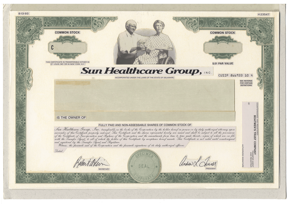 Working Proof from the Sun Healthcare Group for one of the company's Common Stock certificates