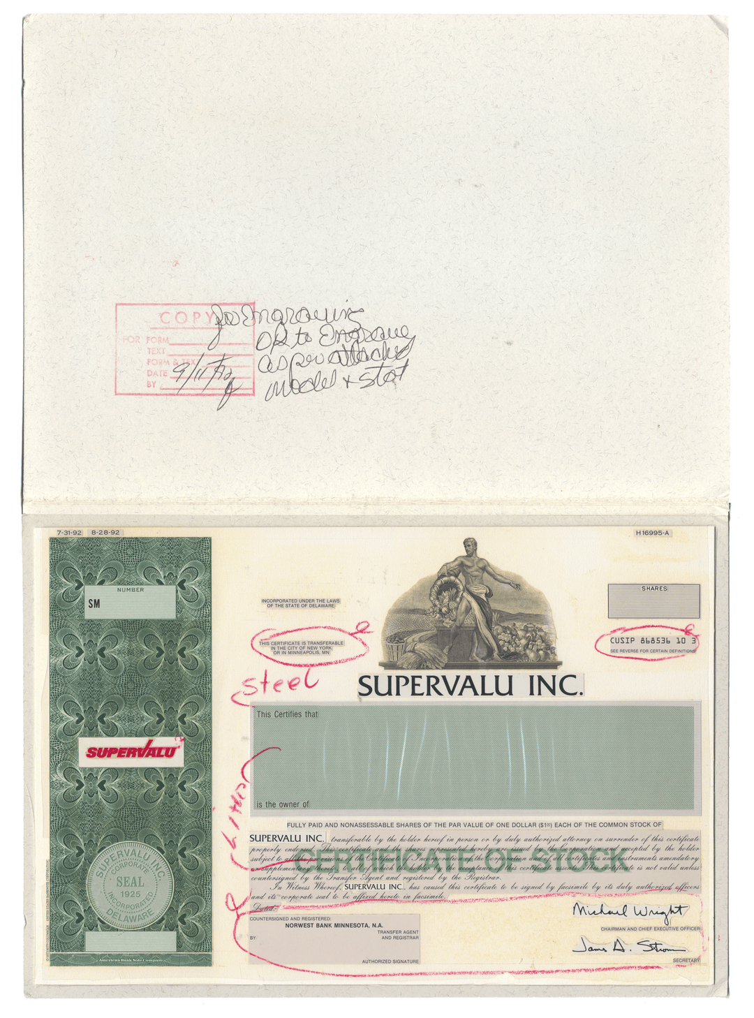 Working Proof from Supervalu Inc. for one of the company's Common Stock certificates