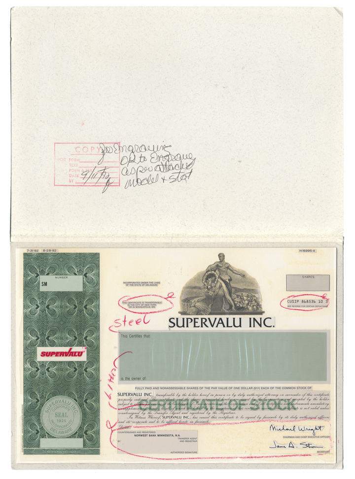 Working Proof from Supervalu Inc. for one of the company's Common Stock certificates
