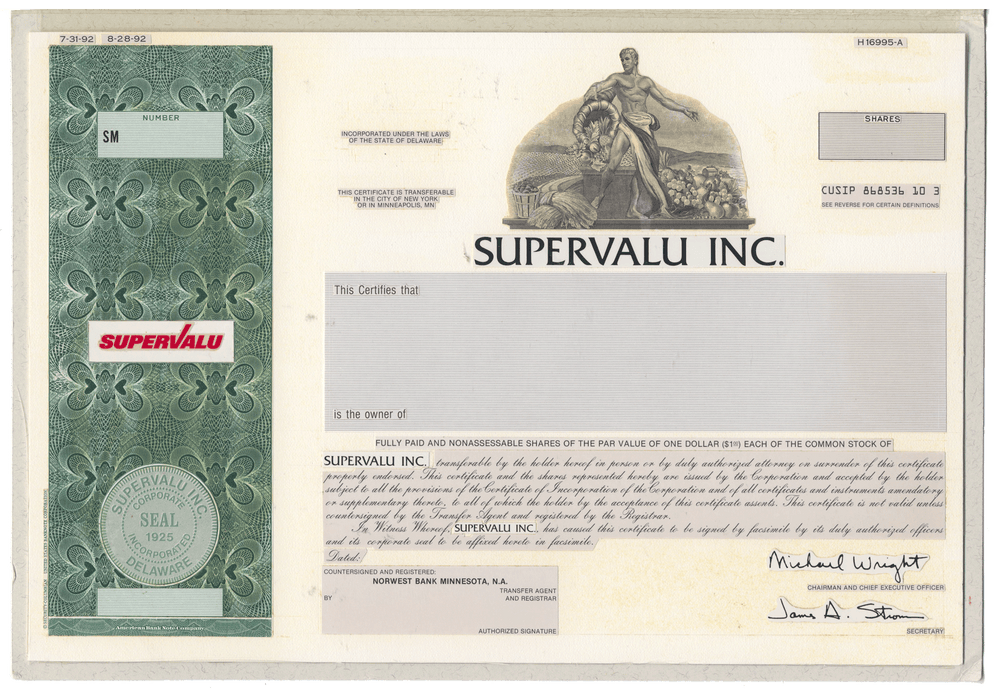 Working Proof from Supervalu Inc. for one of the company's Common Stock certificates