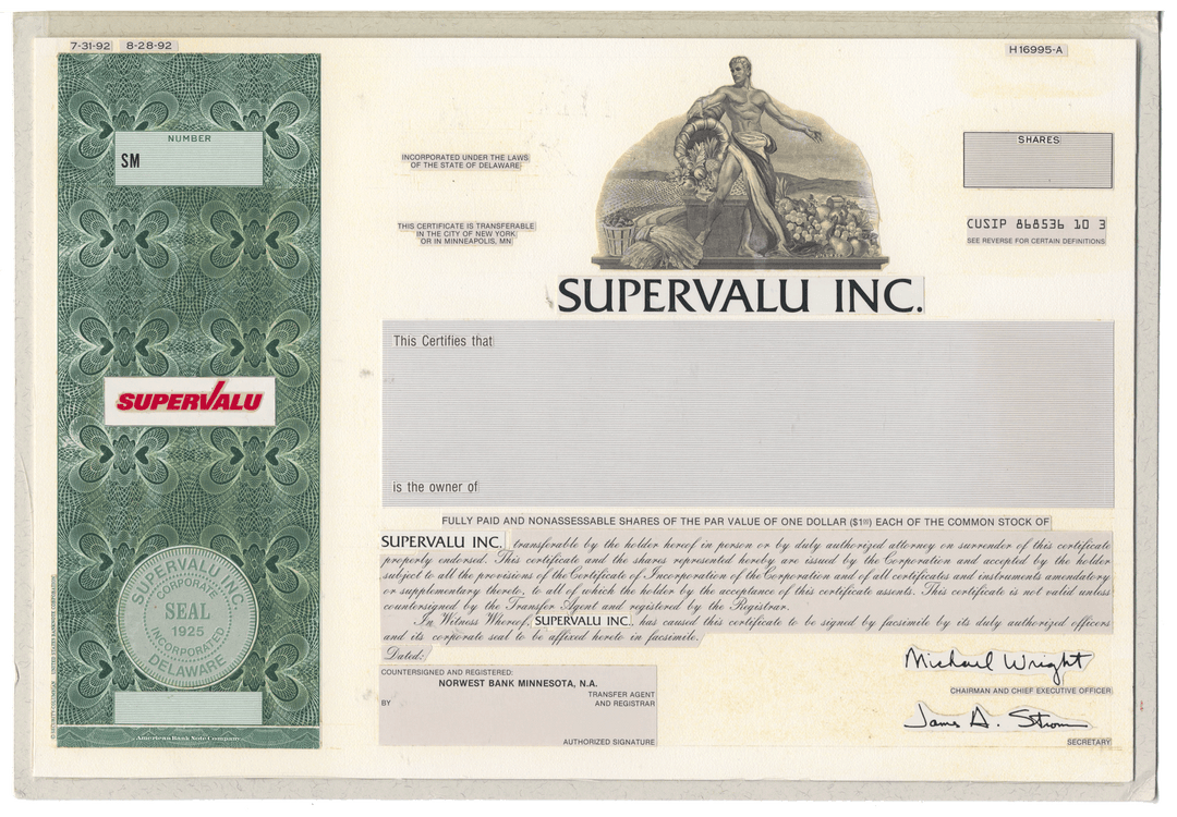 Working Proof from Supervalu Inc. for one of the company's Common Stock certificates