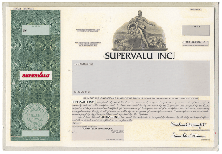Working Proof from Supervalu Inc. for one of the company's Common Stock certificates