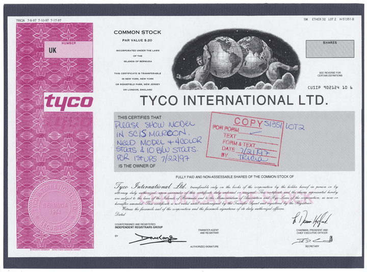 Rare Tyco International working proof