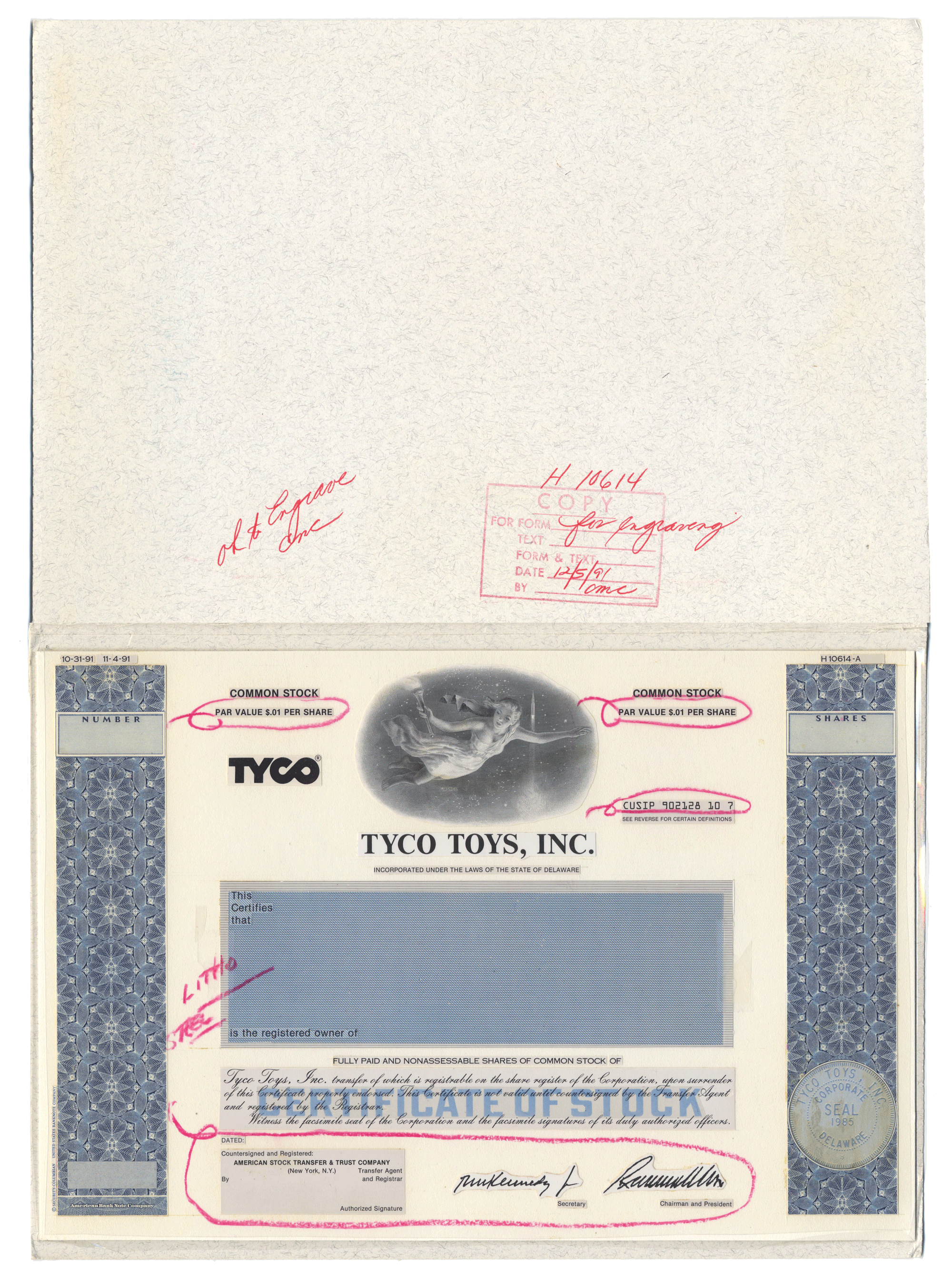 Very Rare TYCO TOYS Working Proof for common stock