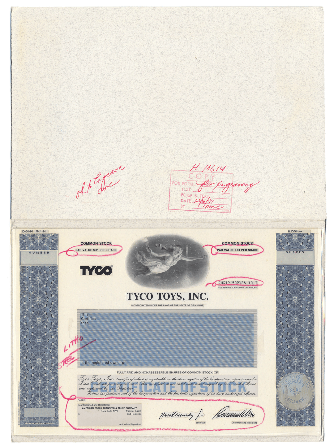 Very Rare TYCO TOYS Working Proof for common stock