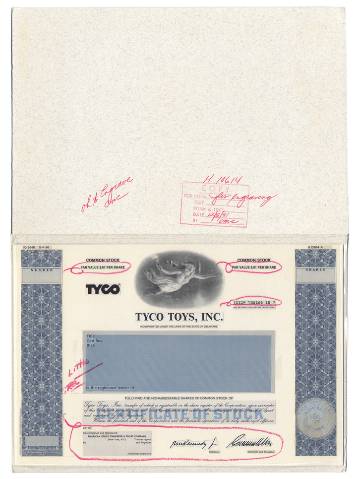 Very Rare TYCO TOYS Working Proof for common stock