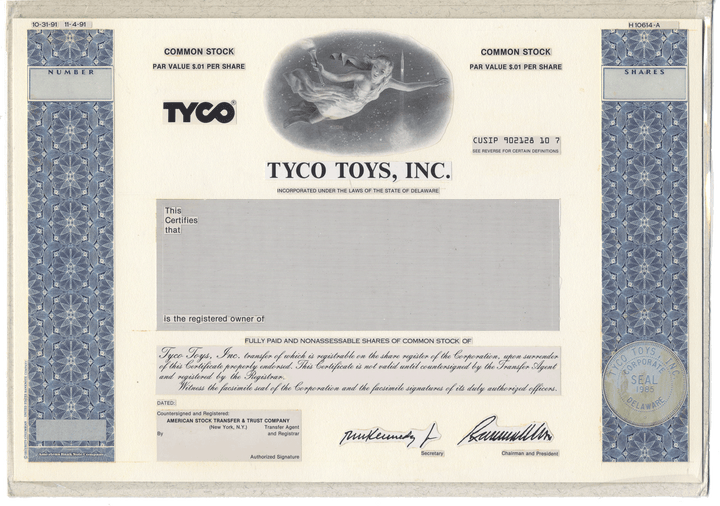 Very Rare TYCO TOYS Working Proof for common stock