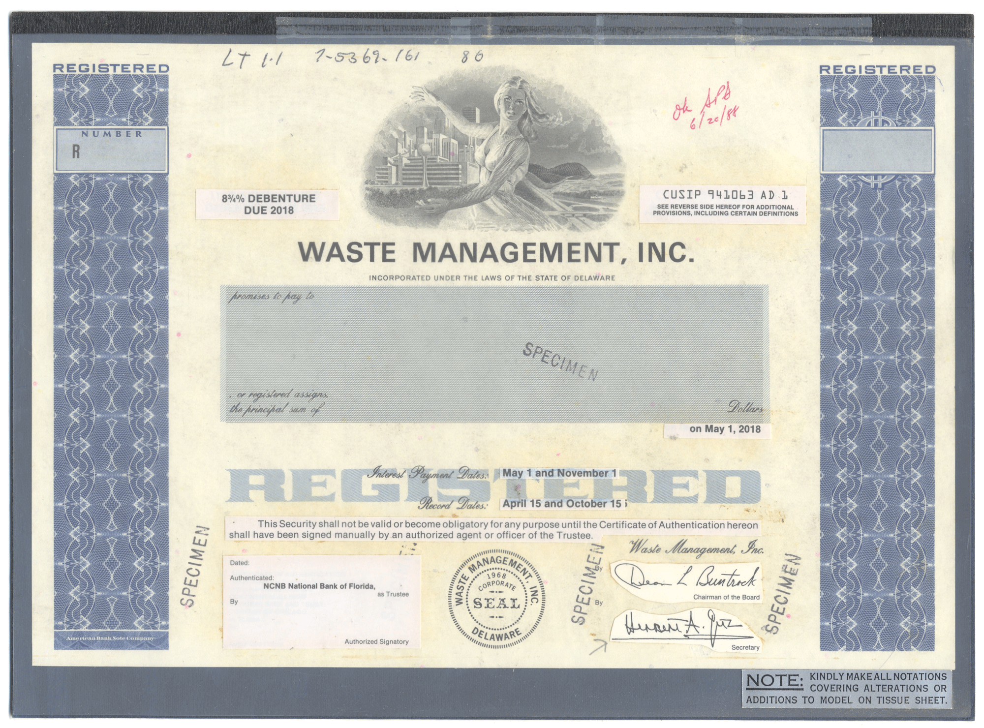 Working Proof from WASTE MANAGEMENT for the company's Common Stock