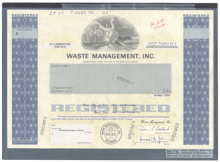 Working Proof from WASTE MANAGEMENT for the company's Common Stock