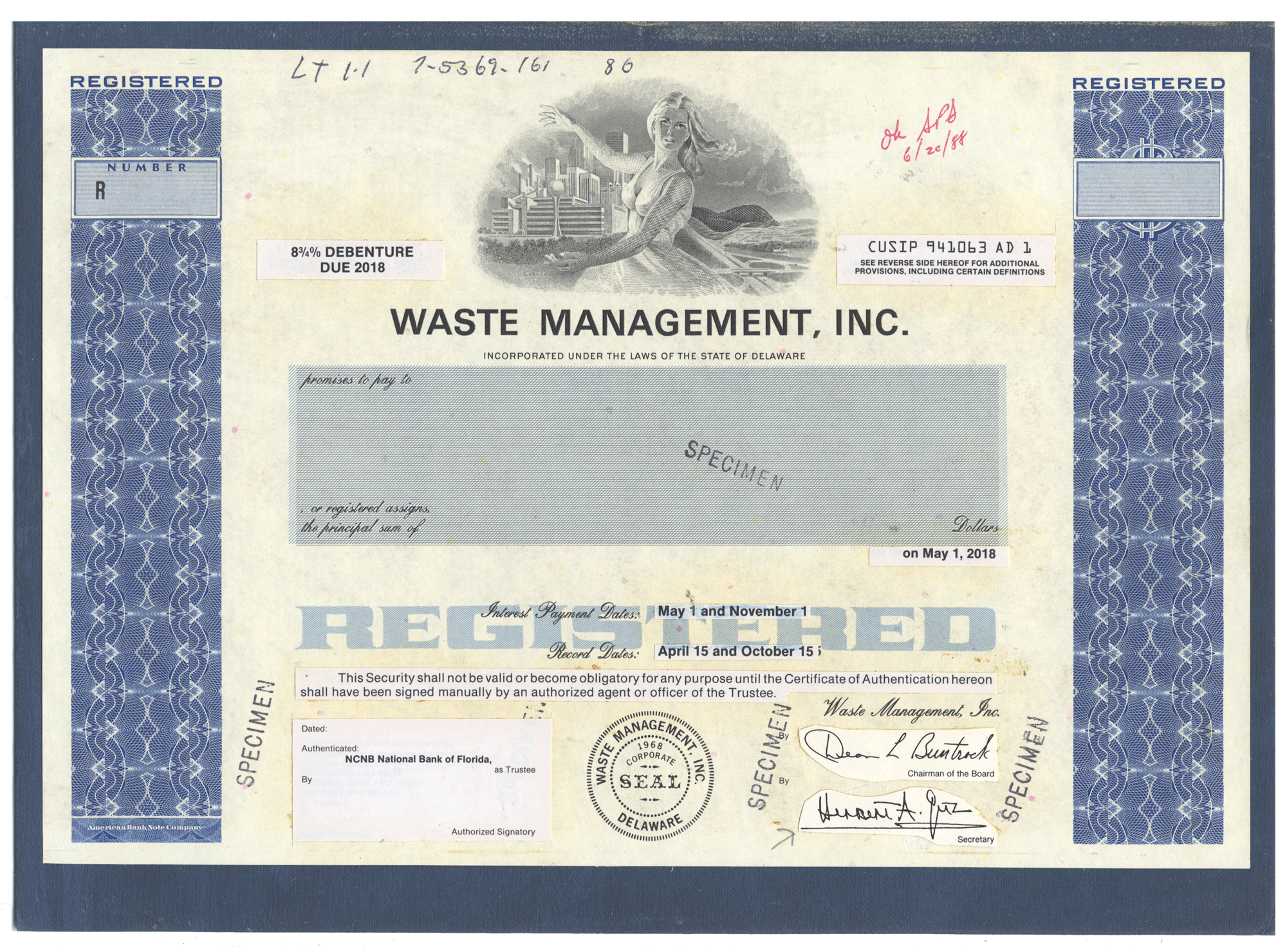 Working Proof from WASTE MANAGEMENT for the company's Common Stock