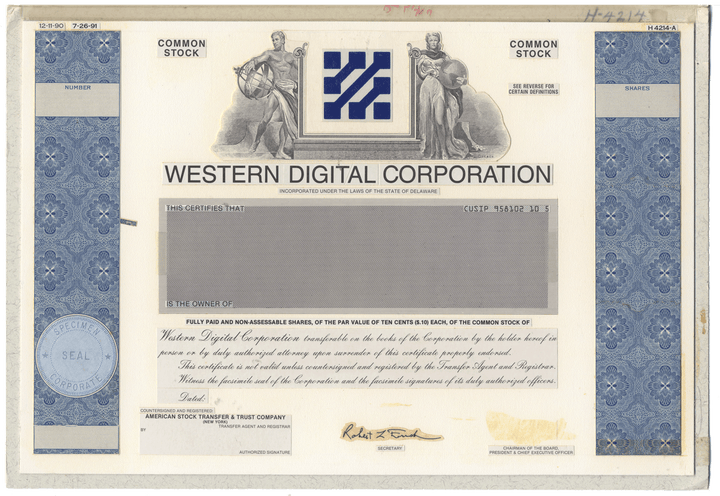 Working Proof from the Western Digital Corporpation for the company's Common Stock