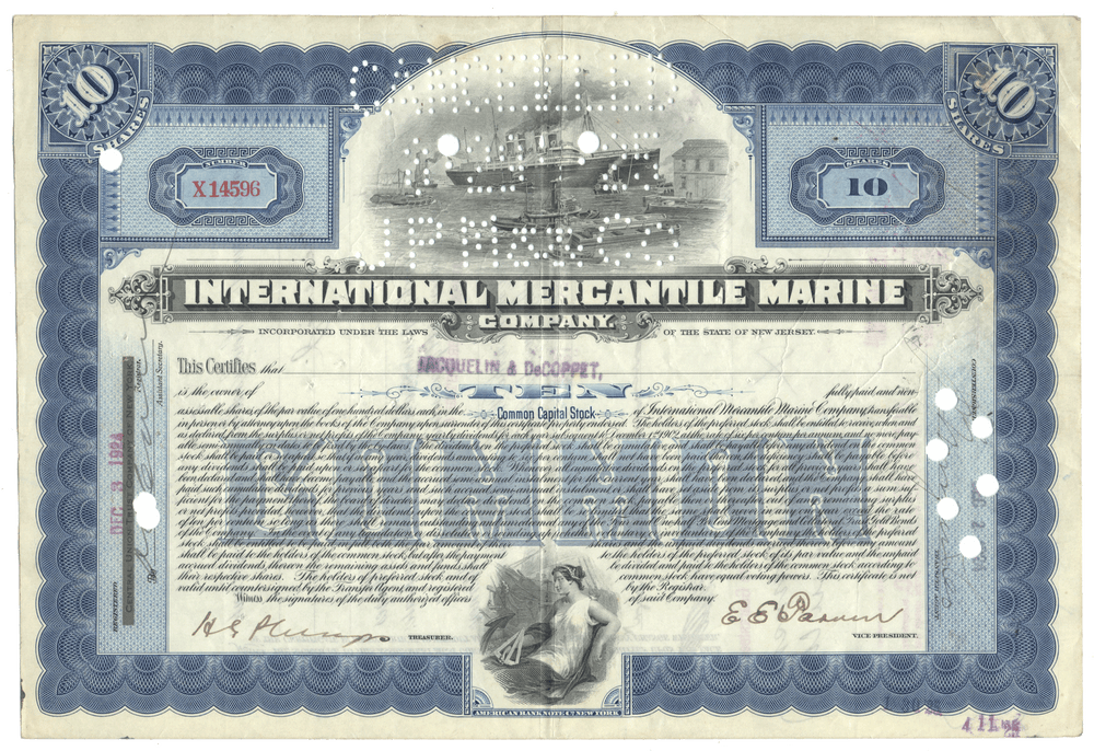 Vintage stock certificate from International Mercantile Marine Company from 1924