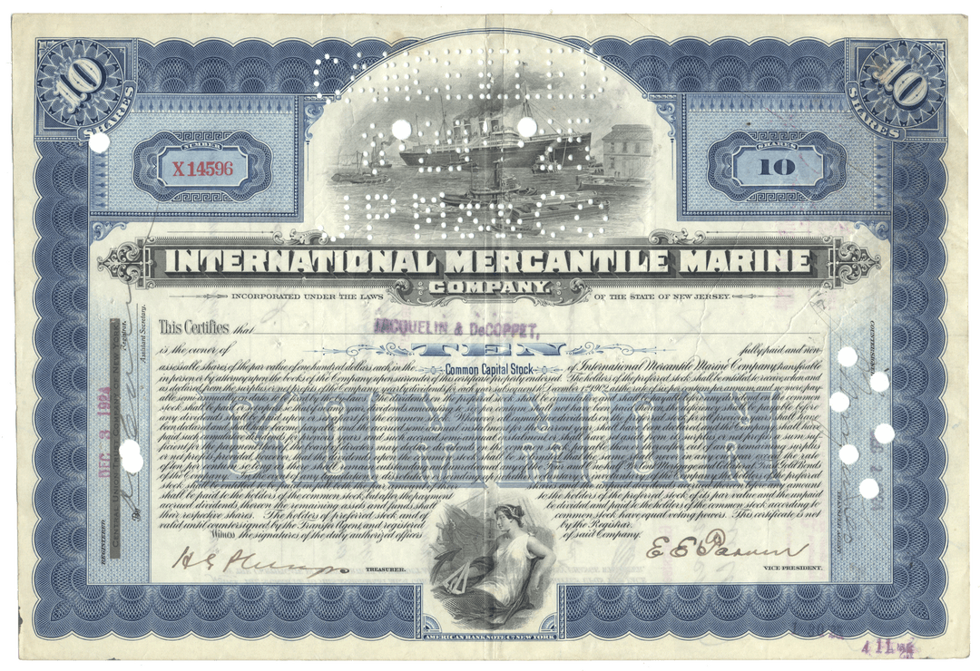 Vintage stock certificate from International Mercantile Marine Company from 1924