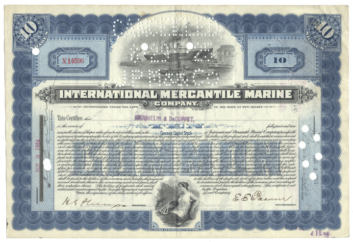 Vintage stock certificate from International Mercantile Marine Company from 1924