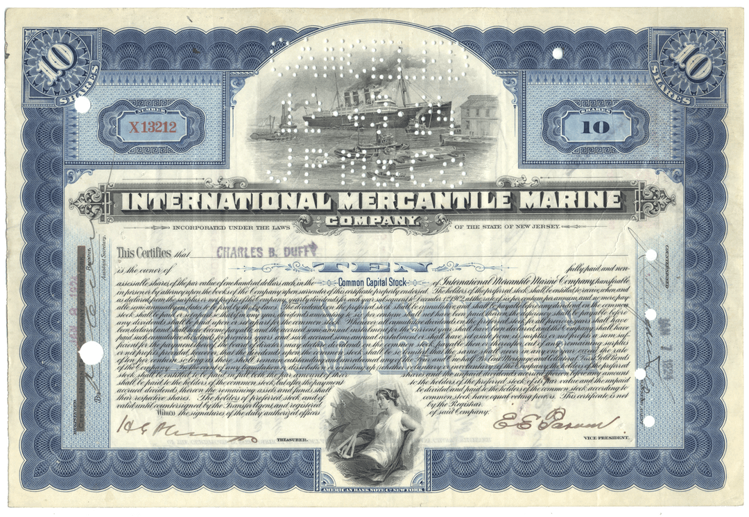Vintage stock certificate from International Mercantile Marine Company with blue and white design.