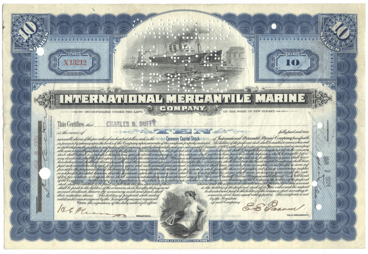 Vintage stock certificate from International Mercantile Marine Company with blue and white design.