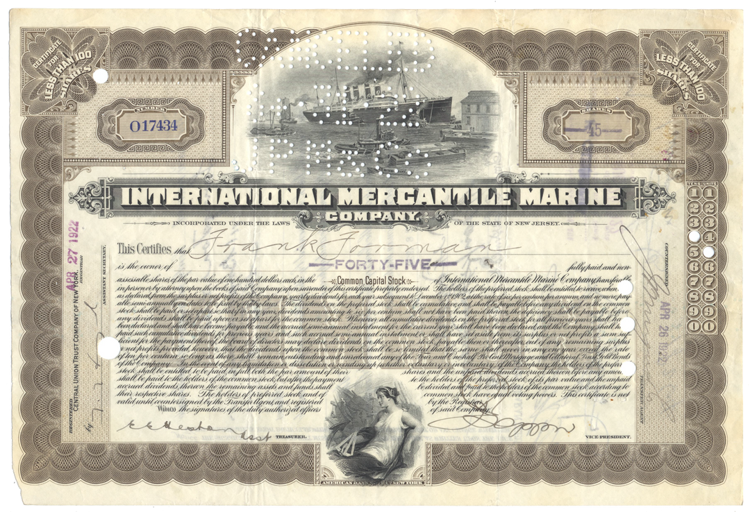 International Mercantile Marine Company Stock Certificate