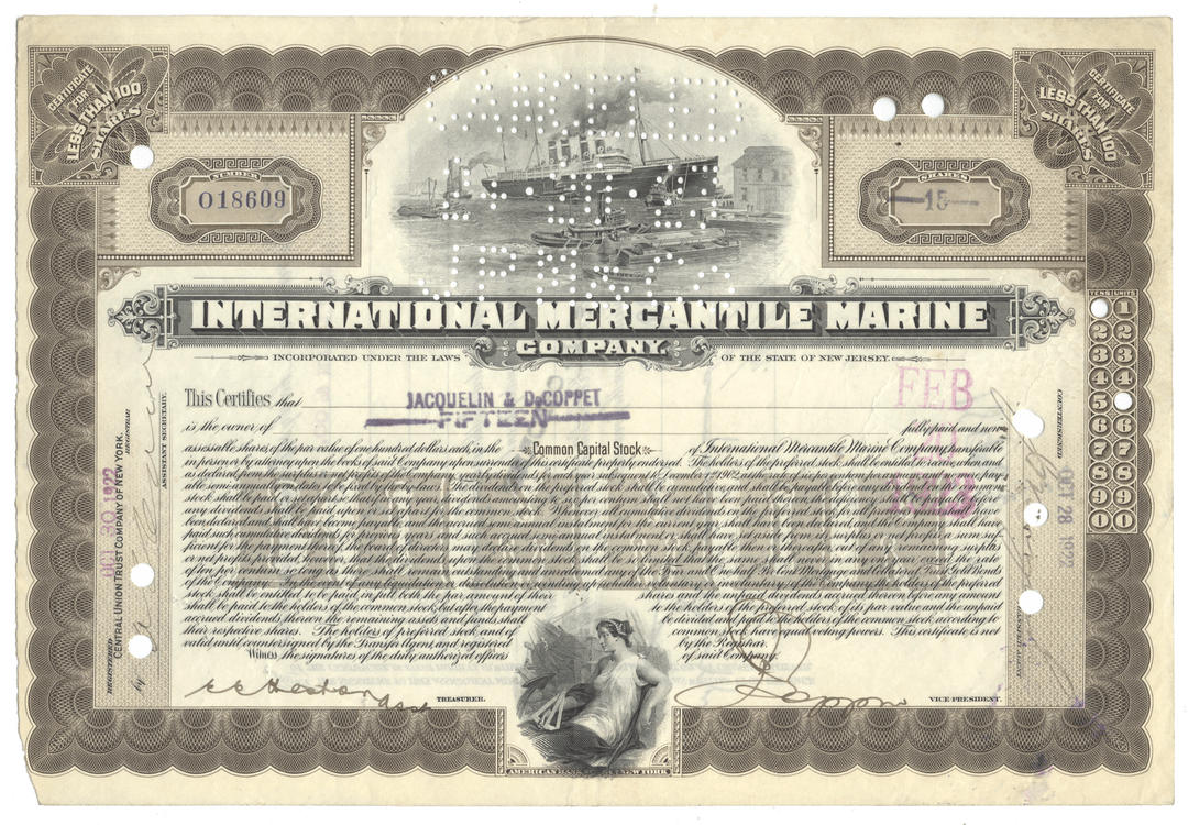 Vintage stock certificate for International Mercantile Marine Company with ship illustration from 1922