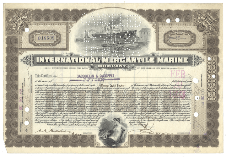 Vintage stock certificate for International Mercantile Marine Company with ship illustration from 1922