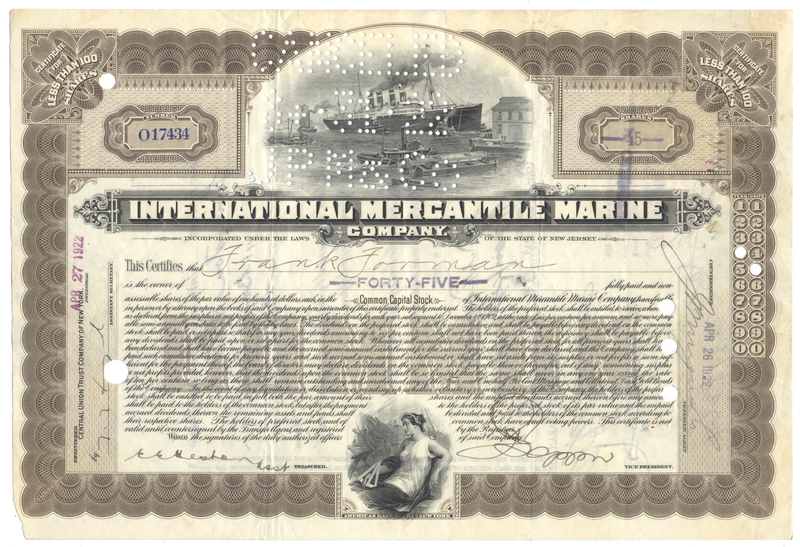 International Mercantile Marine Company Stock Certificate