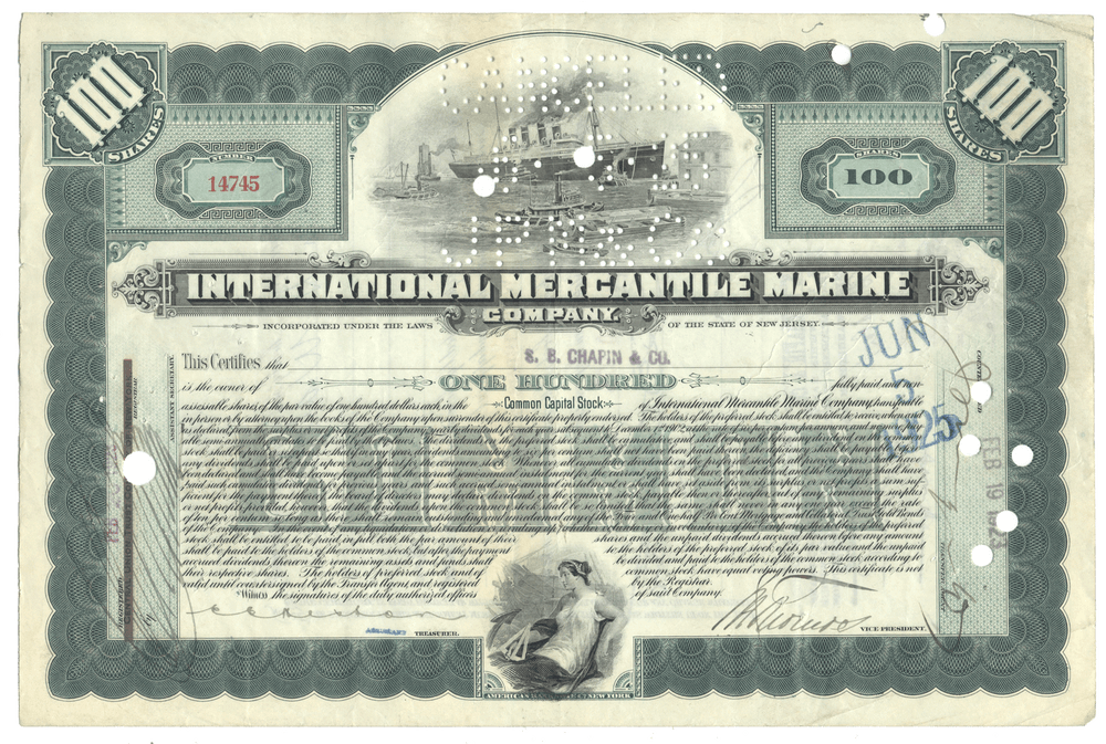 Vintage stock certificate from International Mercantile Marine Company with green border and text.