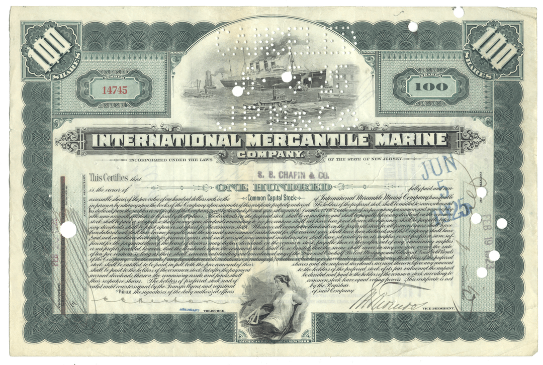 Vintage stock certificate from International Mercantile Marine Company with green border and text.