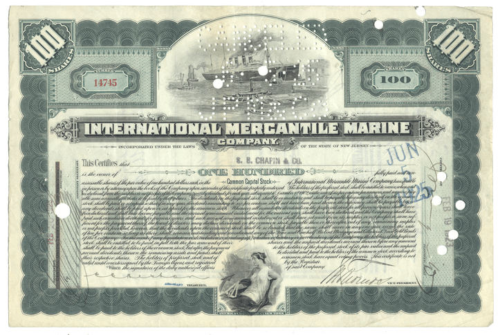 Vintage stock certificate from International Mercantile Marine Company with green border and text.
