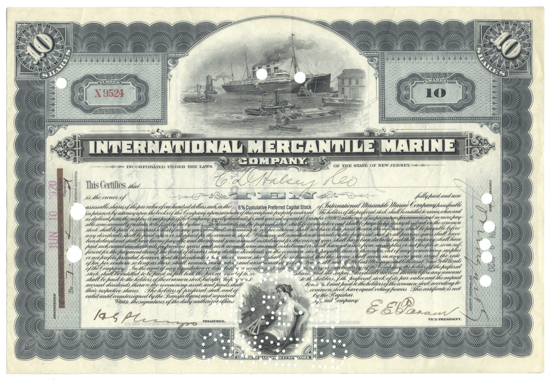 Vintage stock certificate from International Mercantile Marine Company with ship illustration